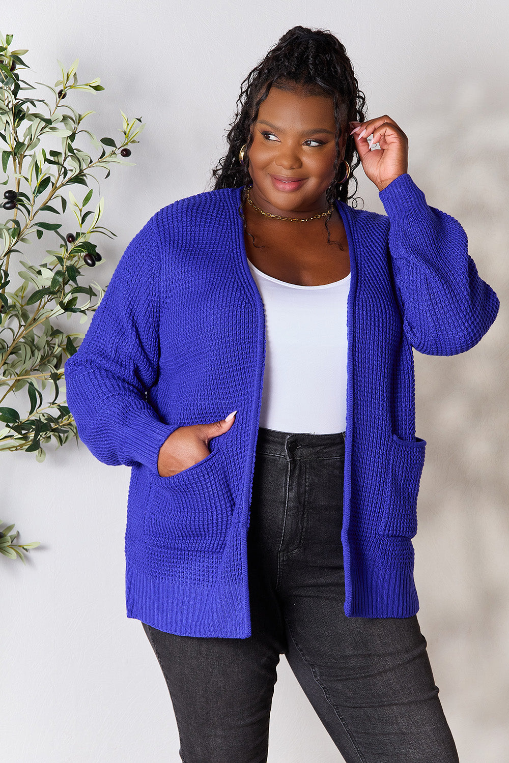 Zenana Full Size Waffle-Knit Open Front Cardigan