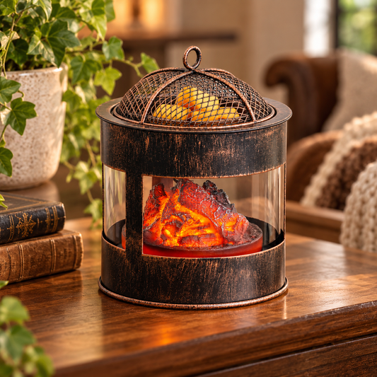 Rustic Fire Pit Wax Warmer glowing on a wooden table in a cozy farmhouse-style living room.