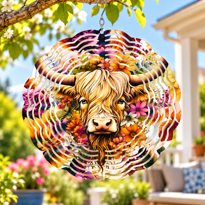 Harvest floral Highland cow 8-inch aluminum wind spinner featuring rustic farmhouse-inspired cow artwork for outdoor garden, porch, and patio décor