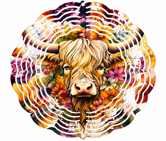 Harvest floral Highland cow 8-inch aluminum wind spinner.