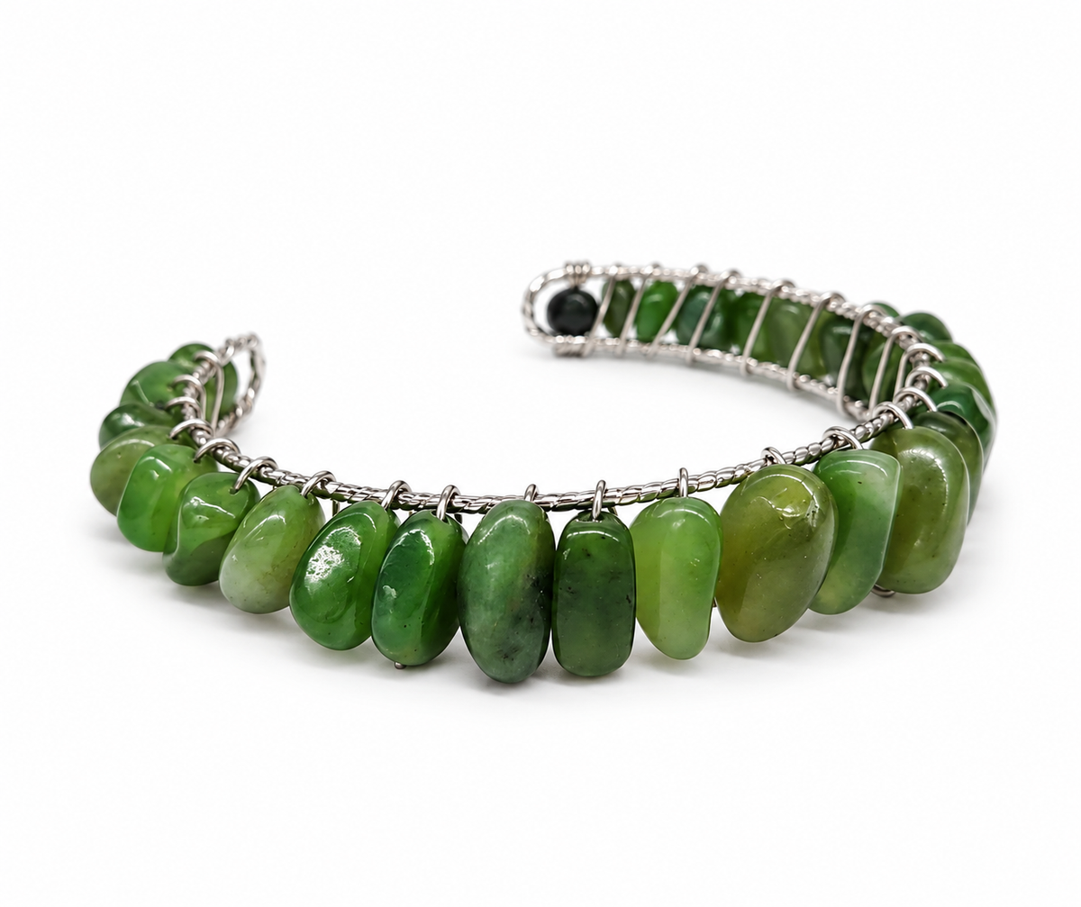 Canadian Jade Wire Wrapped Bangle Cuff Bracelet – 18KT Gold Overlay