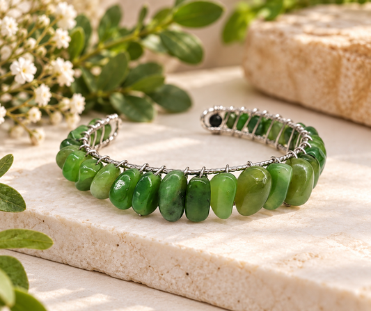 Canadian Jade Wire Wrapped Bangle Cuff Bracelet – 18KT Gold Overlay
