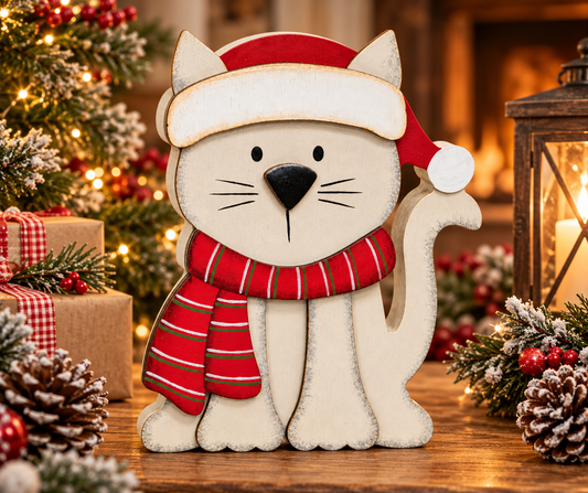 Christmas Kitten in Santa Hat & Scarf Chunky Wood Sitter
