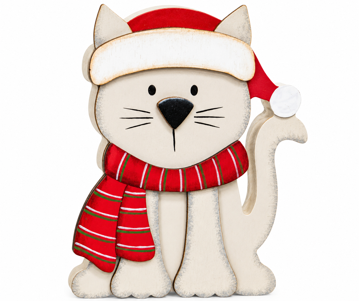 Christmas kitten chunky wood sitter wearing a red Santa hat and striped scarf, white wooden cat holiday shelf decoration, 6 inches tall