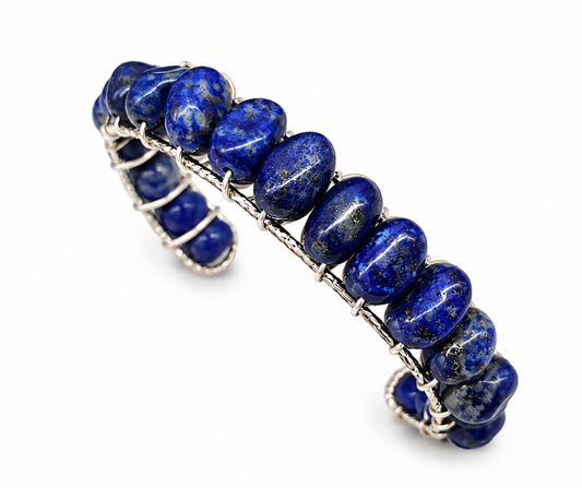 Natural Lapis Lazuli Gemstone Cuff Bracelet – 18K Gold Overlay Wire Wrapped Bangle