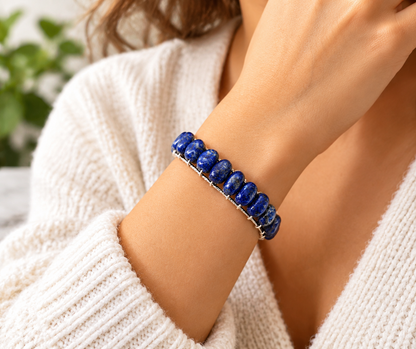 Natural Lapis Lazuli Gemstone Cuff Bracelet – 18K Gold Overlay Wire Wrapped Bangle