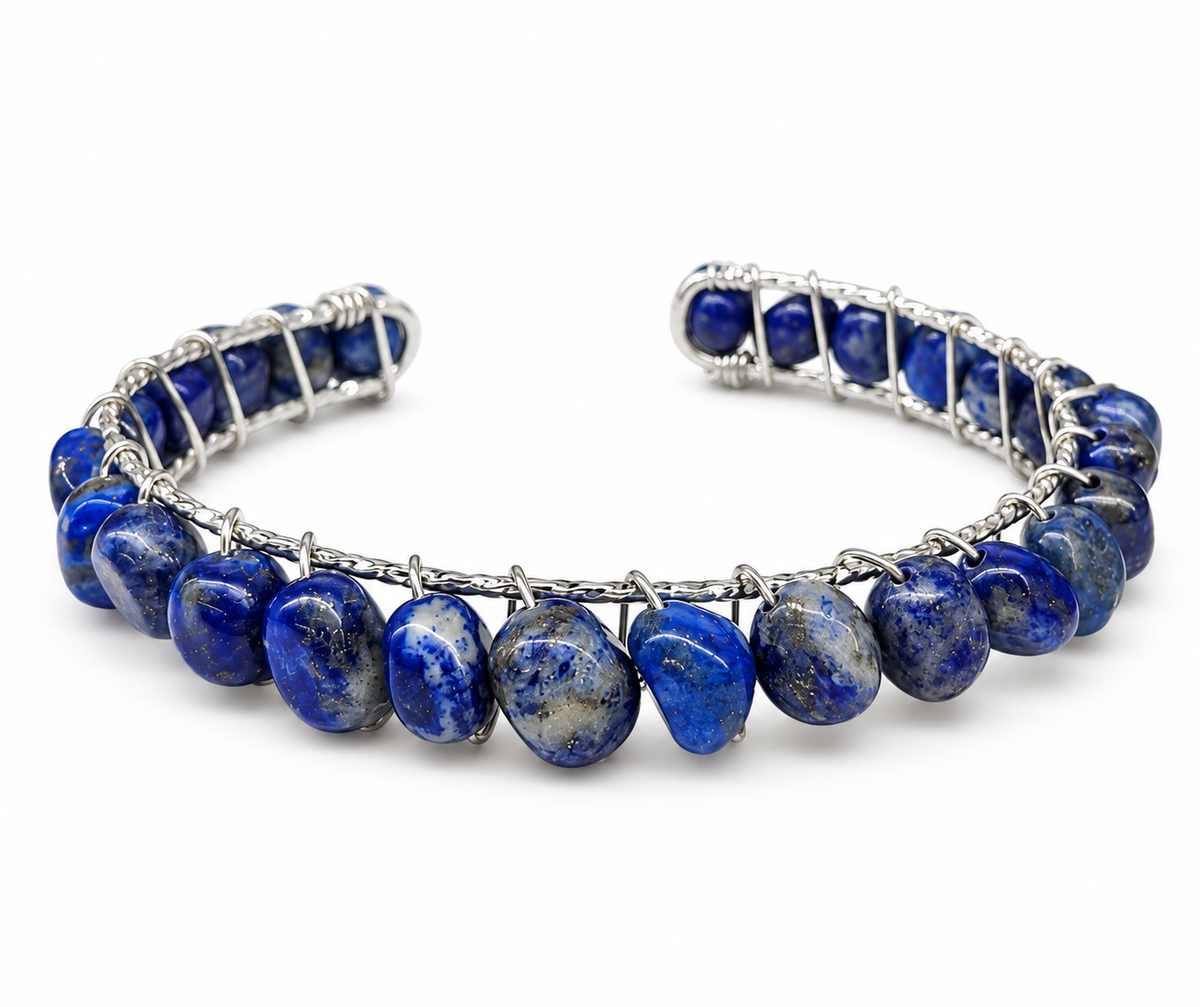 Natural blue Lapis Lazuli gemstone cuff bracelet with 18K white gold overlay wire-wrapped design.