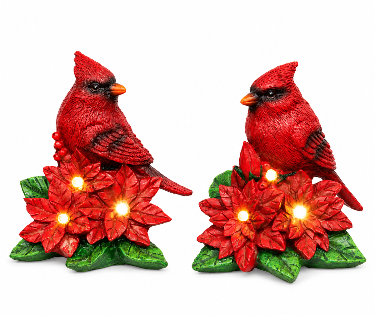 LED Lighted Cardinal in Poinsettias Figurine – Rustic Christmas Décor | 2 Assorted Styles