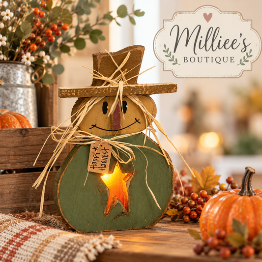 Rustic Wood Light Up Happy Harvest Scarecrow with distressed olive-green body, brown wooden hat, natural straw accents, and glowing star cutout. Primitive farmhouse fall decor made in USA.