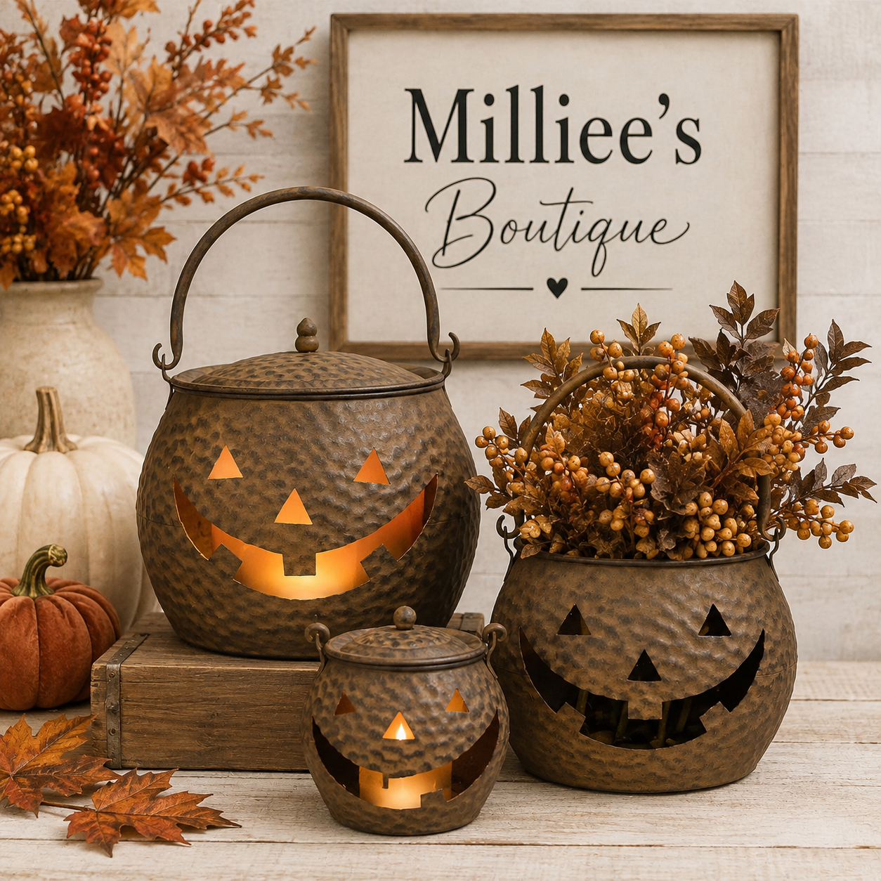 Hammered Rust Metal Jack-O’-Lantern Cauldrons with Lids – Set of 3