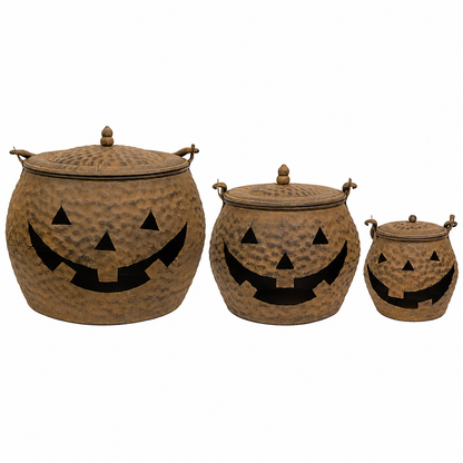 Hammered Rust Metal Jack-O’-Lantern Cauldrons with Lids – Set of 3