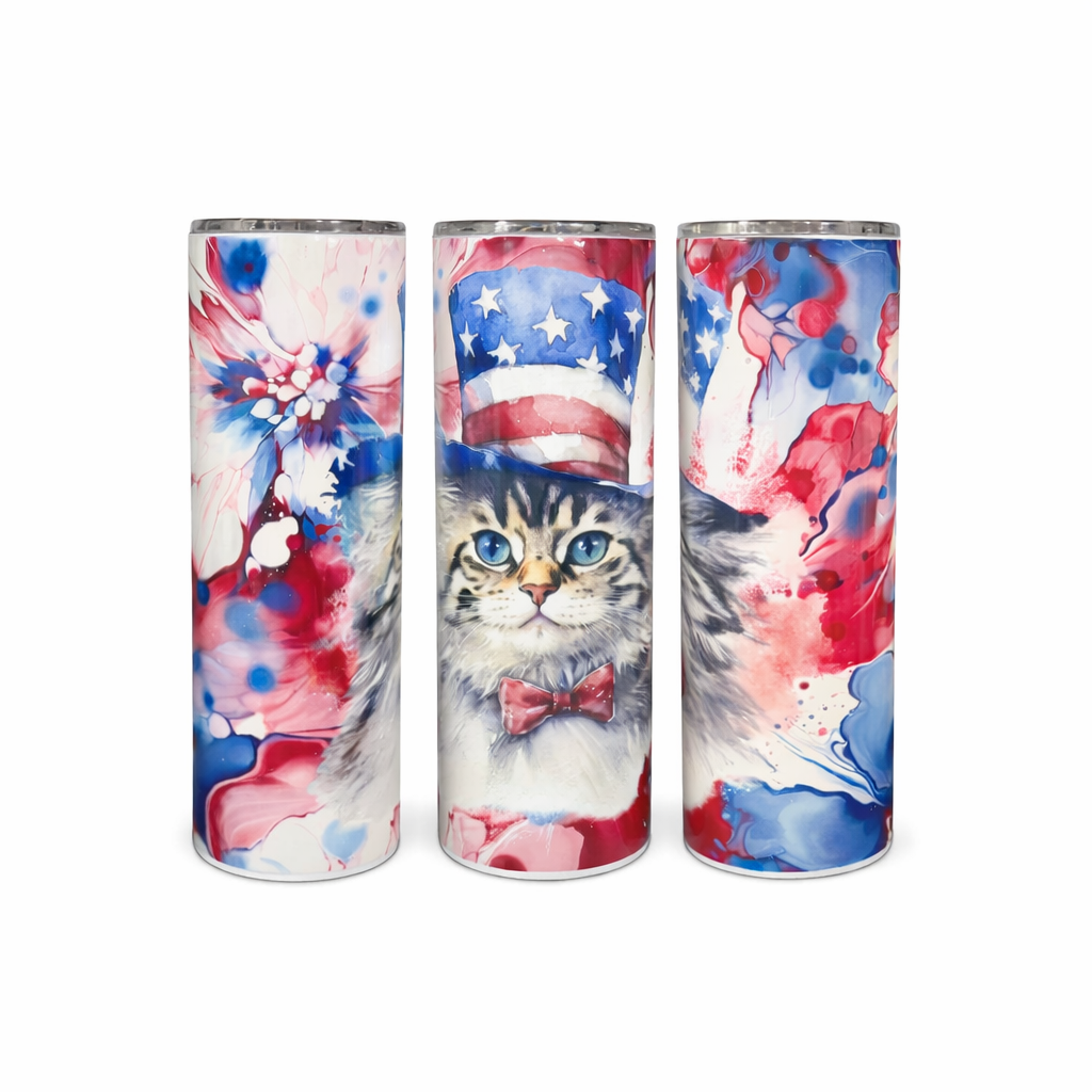 Patriotic Alcohol Ink Cat 20oz Skinny Tumbler
