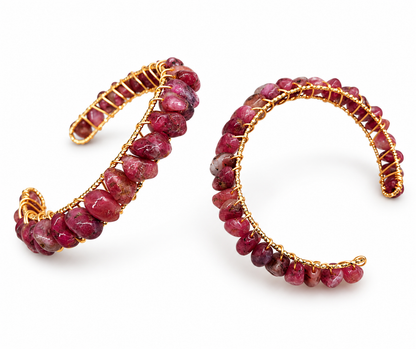 Natural Pink Tourmaline Bangle Bracelet – 18kt White Gold Overlay Wire Wrapped Cuff
