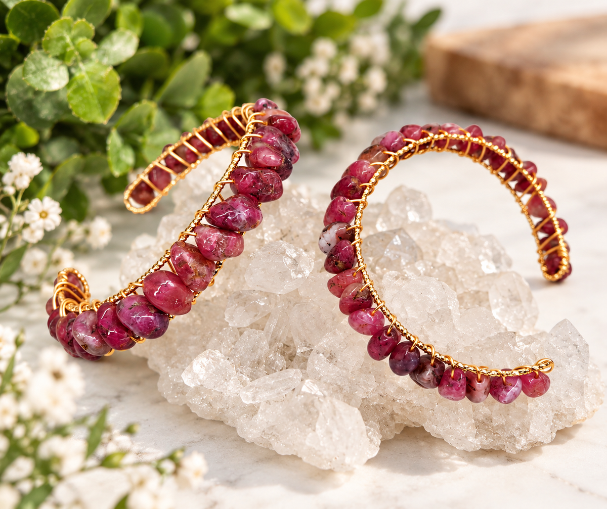 Natural Pink Tourmaline Bangle Bracelet – 18kt White Gold Overlay Wire Wrapped Cuff