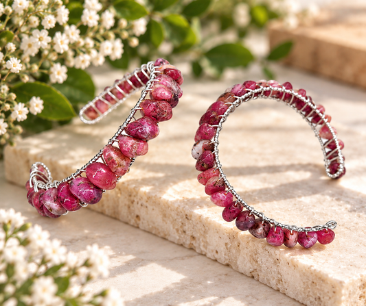 Natural Pink Tourmaline Bangle Bracelet – 18kt White Gold Overlay Wire Wrapped Cuff