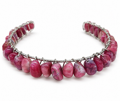 Natural Pink Tourmaline Bangle Bracelet – 18kt White Gold Overlay Wire Wrapped Cuff