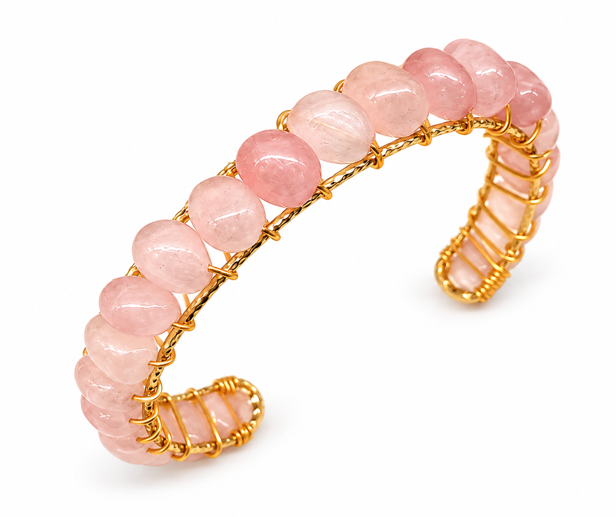 Rose Quartz Bangle Cuff Bracelet – 18kt Gold Overlay | Handcrafted Wire Wrapped Jewelry