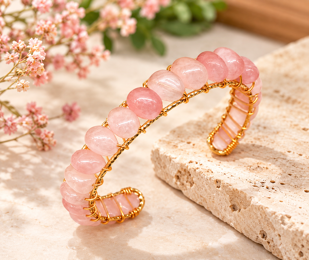 Rose Quartz Bangle Cuff Bracelet – 18kt Gold Overlay | Handcrafted Wire Wrapped Jewelry