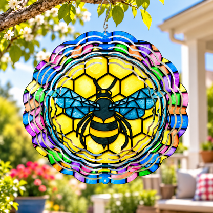 Stained Glass Bee Wind Spinner featuring colorful bee artwork on an 8-inch aluminum garden spinner, perfect for outdoor patio, porch, and garden décor.