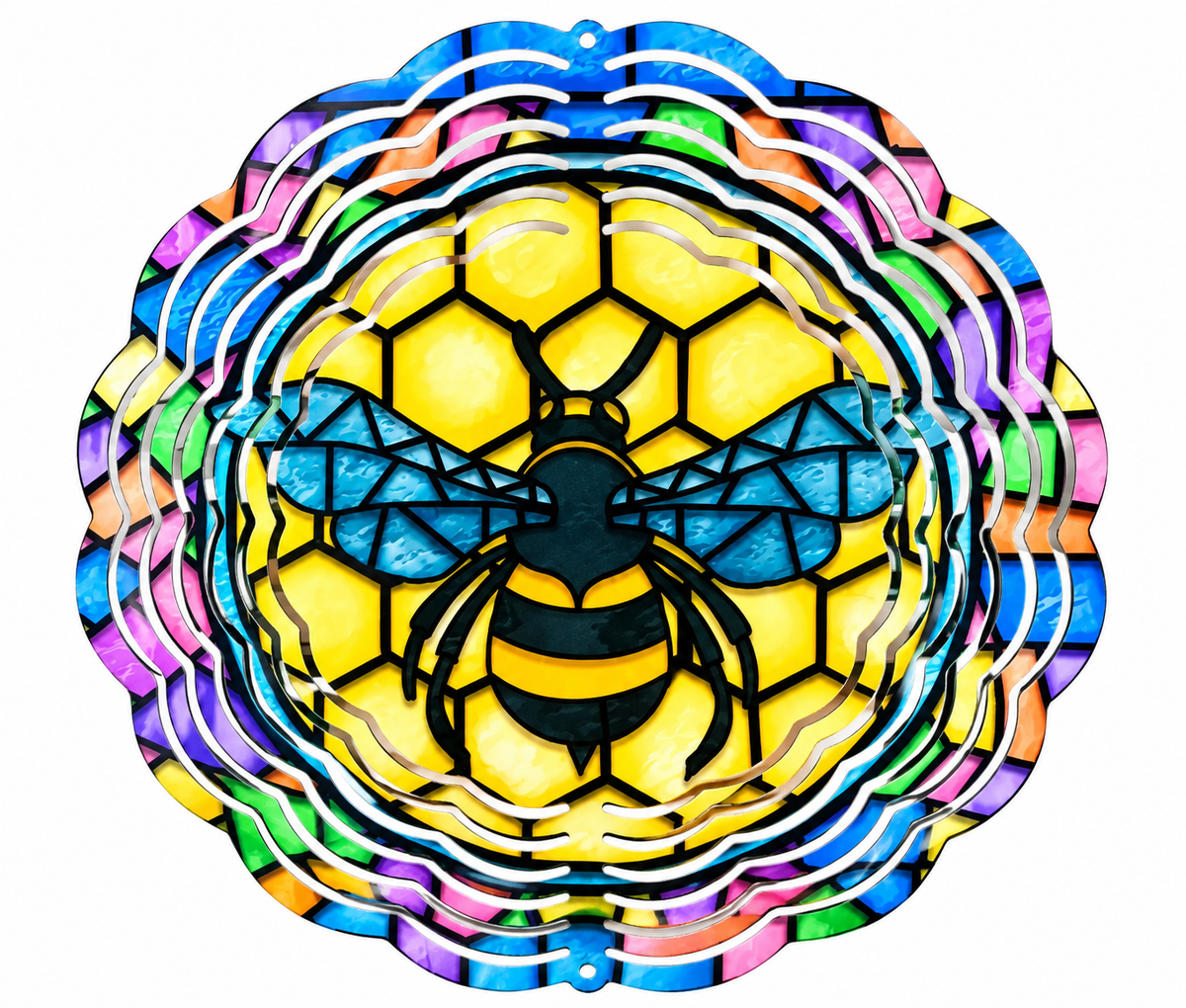 Stained Glass Bee Wind Spinner featuring colorful bee artwork