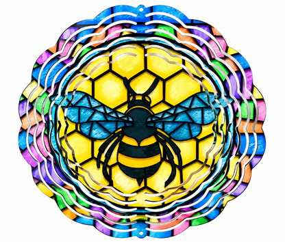Stained Glass Bee Wind Spinner featuring colorful bee artwork