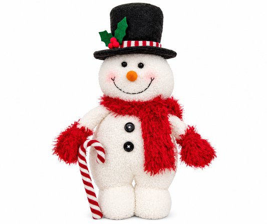 Standing Holly Snowman plush Christmas decoration with red scarf, black holly top hat, rosy cheeks, and striped candy cane.