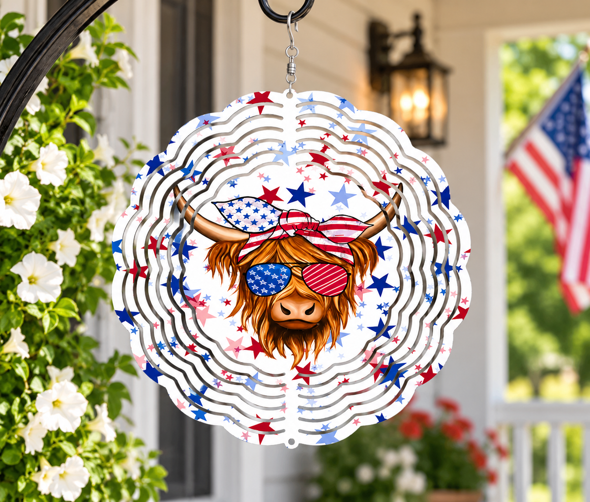 8 inch patriotic Highland cow aluminum hanging wind spinner for porch or patio