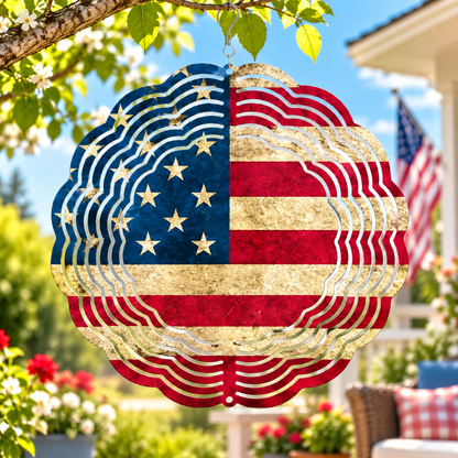 USA patriotic 8-inch aluminum wind spinner featuring American-inspired artwork for outdoor garden, porch, patio, and 4th of July decorations