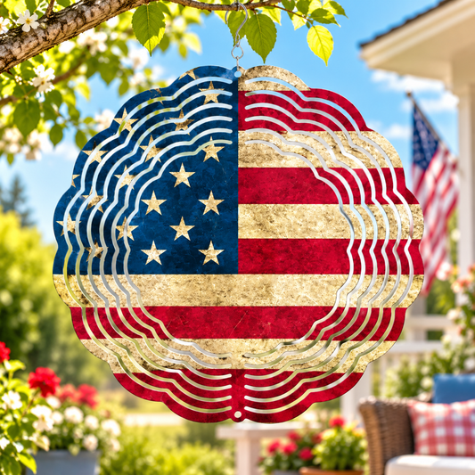 USA patriotic 8-inch aluminum wind spinner featuring American-inspired artwork for outdoor garden, porch, patio, and 4th of July decorations